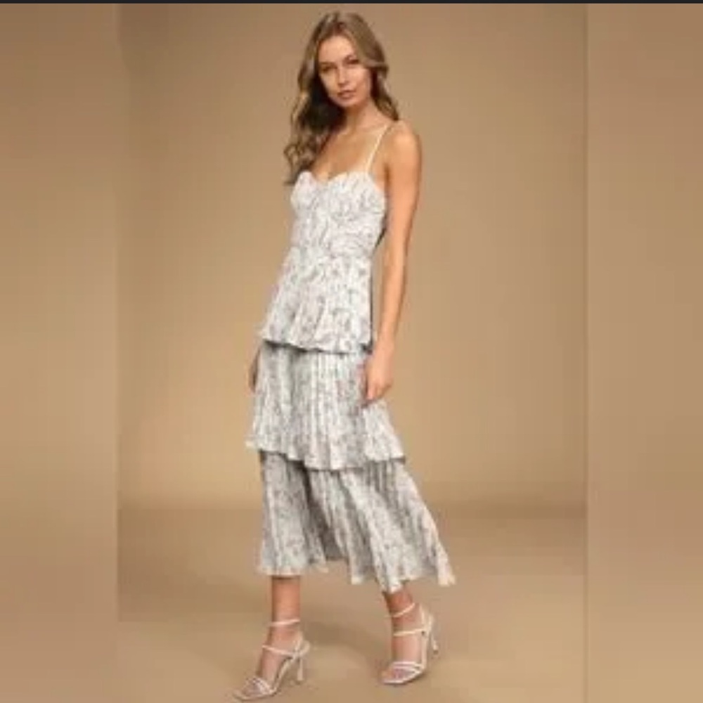 Lulus Cascading Crush Pale Blue Floral Tiered Bustier MIDI Dress